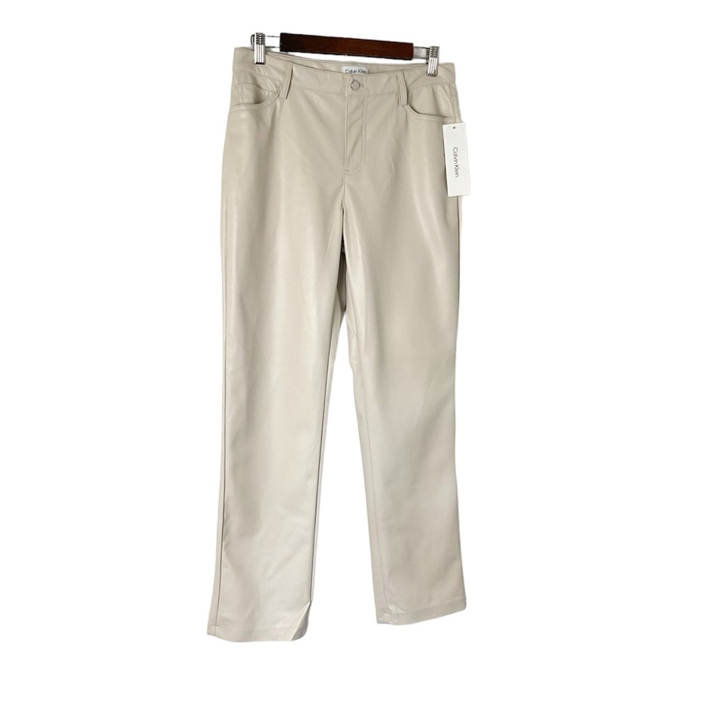 Calvin Klein Faux‎ Leather Straight Leg Pants Size 4 Stony Beige